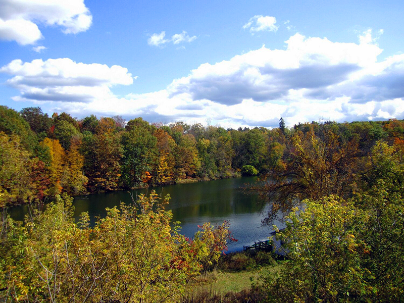 photo of lake with early fall foliage